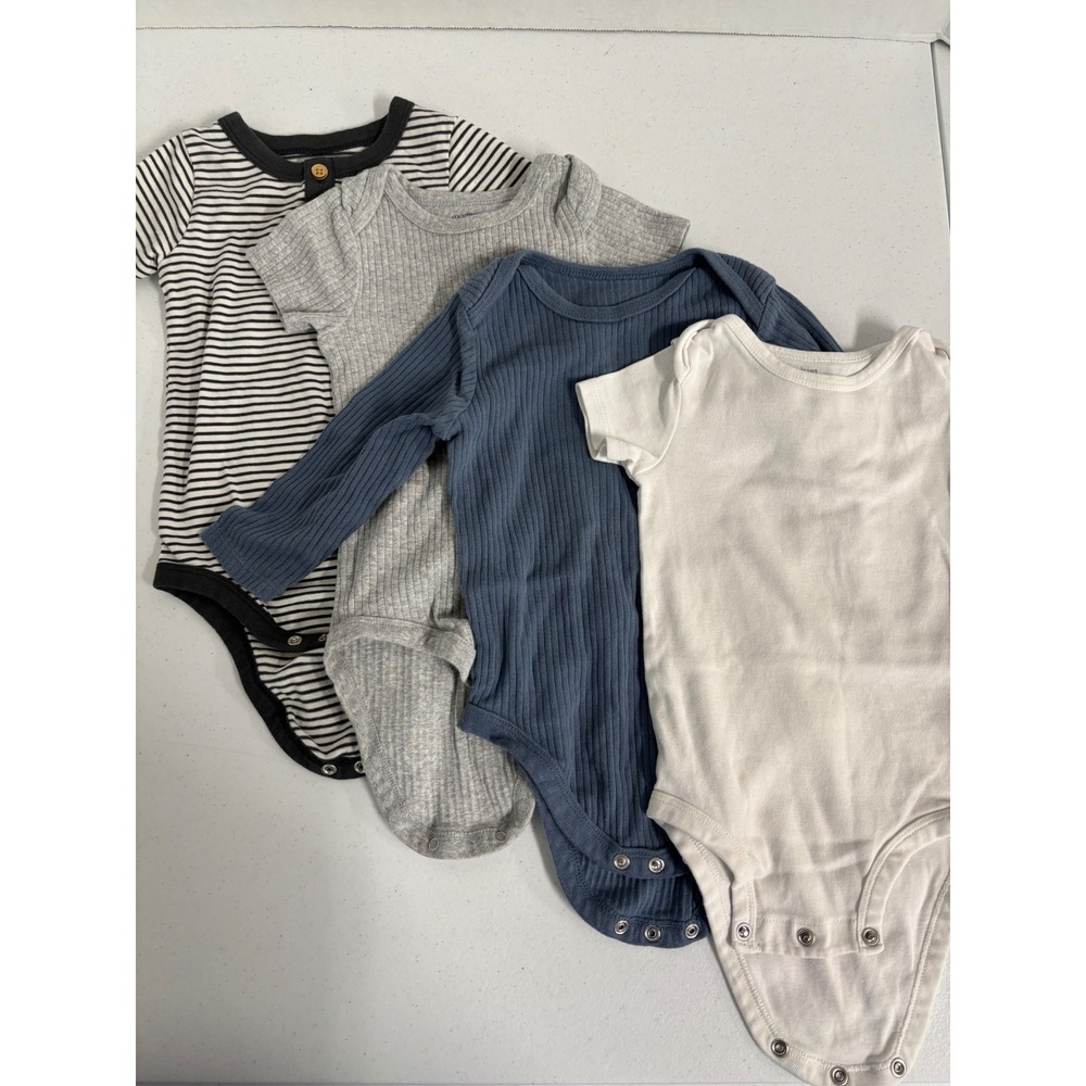 Cat & Jack Gerber Easy-Peasy Baby‎ Bodysuit Bundle 12M Striped Blue Grey 4pk